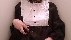 Japanese femboy masturbates with vibrator in maid outfit