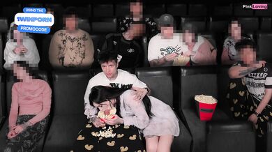 Big cock blows in theater while GF gets shocked by footjob cum blast