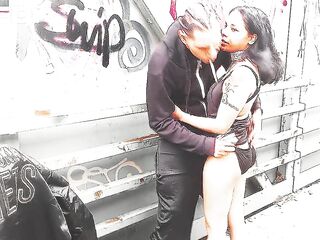 PUBLIC COUPLE OUTSIDE CAUGHT COSPLAY CAMERAMAN BLACK DRESS