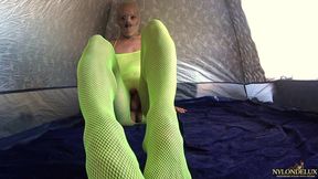 Neon Bodystocking Tease in Camp Tent