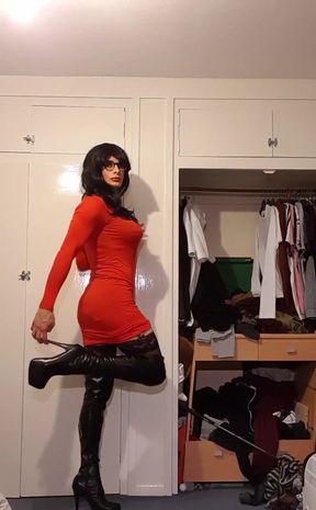 Showing myself off in my red bodycon dress. I get myself a little worked up again.
