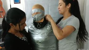 Katherine Martinez Collared And Pantyhose Hooded In Multilayered Mummification Bondage