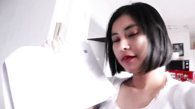 Beautiful Thai student sucks her neighbor's kinky cock on knees