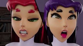 Raven X Starfire & Blackfire - Double Futanari Sister Fellatio