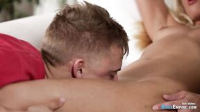 Two handsome bisexuals screwing with blonde beautiful babe