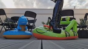 LEATHER BOOT GODDESS DESTROYS INFLATABLES – BOOT STOMPING, ASS RIDING & POPPING