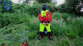 Forest Worker Pup Pawing Off In Gear And Boots (outdoors)