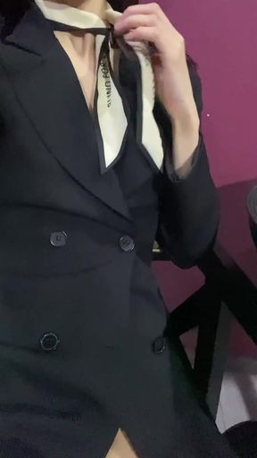 Slim flight attendant sits alone on the plane without any underwear.