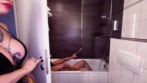 Spitting food and golden shower in the bathtub