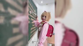Slutty maid cosplayer playing with toys while in classroom