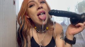 toy blowjob, throating with abundant saliva leak