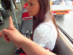 Enticing redhead teen gets fucked hard for money close to the bus stop