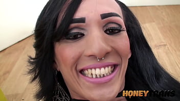 Shemale soccer fan Barbara Cristina strips and masturbates