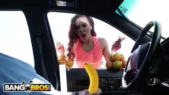 Ebony babe Demi Sutra flashes her oranges at Sean Lawless and his banana
