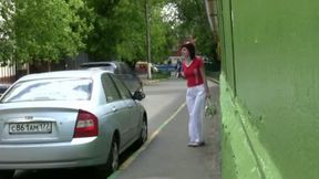 Tanya makes a puddle in a public place in piss fetish video
