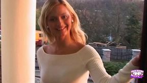 a shy blonde gets interviewed and filmed pov giving a sloppy blowjob until facial