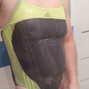 Crossdresser in one piece adidas swimsuit