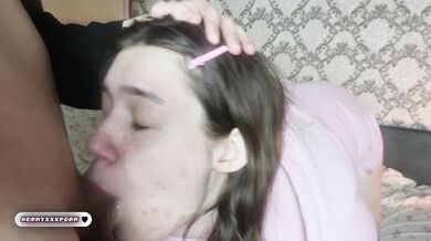 She swallows completely as her throat gets fucked sloppy and deep