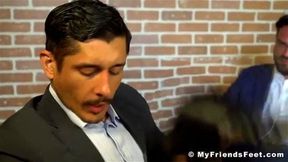 Bearded businessman foot worshipped by kinky Latino stud
