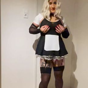 Sexy cd in maid uniform and chastity