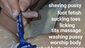 Shaving pussy, washing pussy, naked body massage with tits massage, toes sucking and licking, foot fetish and body worship with Miss GospodaricaEmma and Her Alpha man Wolfy01