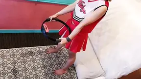 A cute, busty married woman does exercise 3 in a sexy cheerleader costume. Peeking down from above. Home made amateur Private Shoot