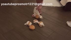 Nastya unpacks 5 juicy burgers and starts trampling them with her bare feet, walking around, stepping, pressing, she has such sexy legs and feet