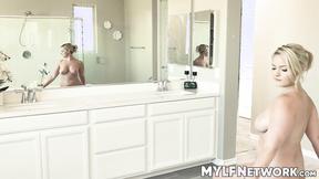 ”Alluring blonde Lisey Sweet rides a ripped man after taking a shower”