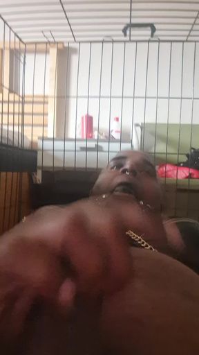 Horny bitch in a cage with gag ball
