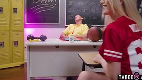 Hot college trannies Khloe Kay and Izzy Wilde double-team the coach in a wild fuckfest