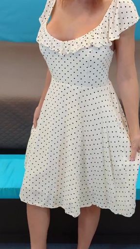 White Dress with Black Polka Dots & Black and Wood High Heels