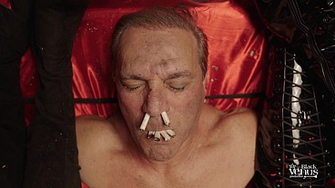 PT1 - Double Smoke and Heavy Spitting Supremacy: Restrained Subject Swallows a Thick Pool of Ash and Saliva Triggered by Deep Toy Play