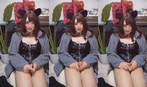Cute ladyboy masturbates with anal stuffed cock while wearing cat ears