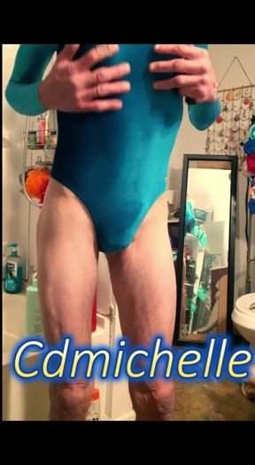 Cdmichelle Putting on Pantyhoes,black Onepiece Thong Bodysuit with White Dress Then Wearing Blue Leotard