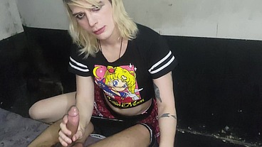 Two thugs caught a femboy and obliged him to perform oral sex on one of them until he ejaculated while the other filmed and acted as a voyeur
