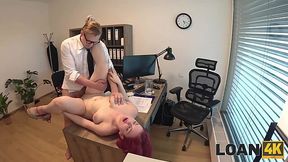 Redhead girl went to get a loan to cover her tuition but she got to work for it