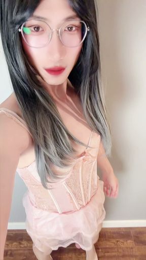 Asian CD in pink lace lingerie dress and white pantyhose