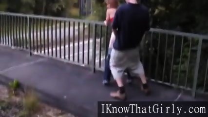 Skinny redhead blow and fuck on the bridge