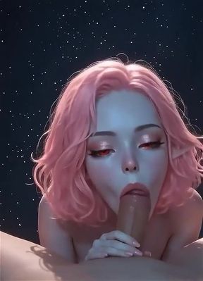 Pink-haired AI elf gives a blowjob, does a titjob, rides cowgirl-style, and ends up with cum dripping from her mouth