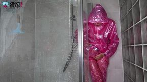 Slippery Pink Pvc Shower Tease: Soaked and Squeaky Fun