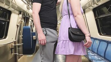 Wife's subway shame when stranger's hard cock teases her while husband watches