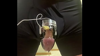 Estim cumshot in chastity