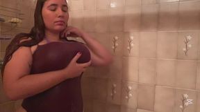 Jen puts on water tits to shower and blow