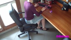 In the Office Wearing Black and Purple Pumps