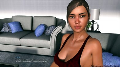 Red-clad woman explores herself while giving a thigh massage in a modern living room