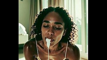 Ebony beauty sucks the cum out of a BBC AI-Generated.