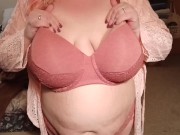 BBW in pink bra and panties set with pink lace kimono