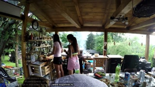 No Panties Mini Skirt Short Skirts Barbeque Party with Hot Tight Shaved Pussy Girls Outdoors