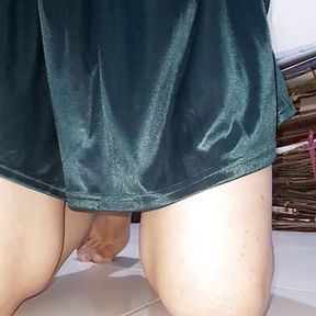 Crossdresser wearing chiffon dress with silky lining