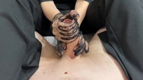 Mistress in Gloves Dominates Guy with Footjob in Nylon Socks